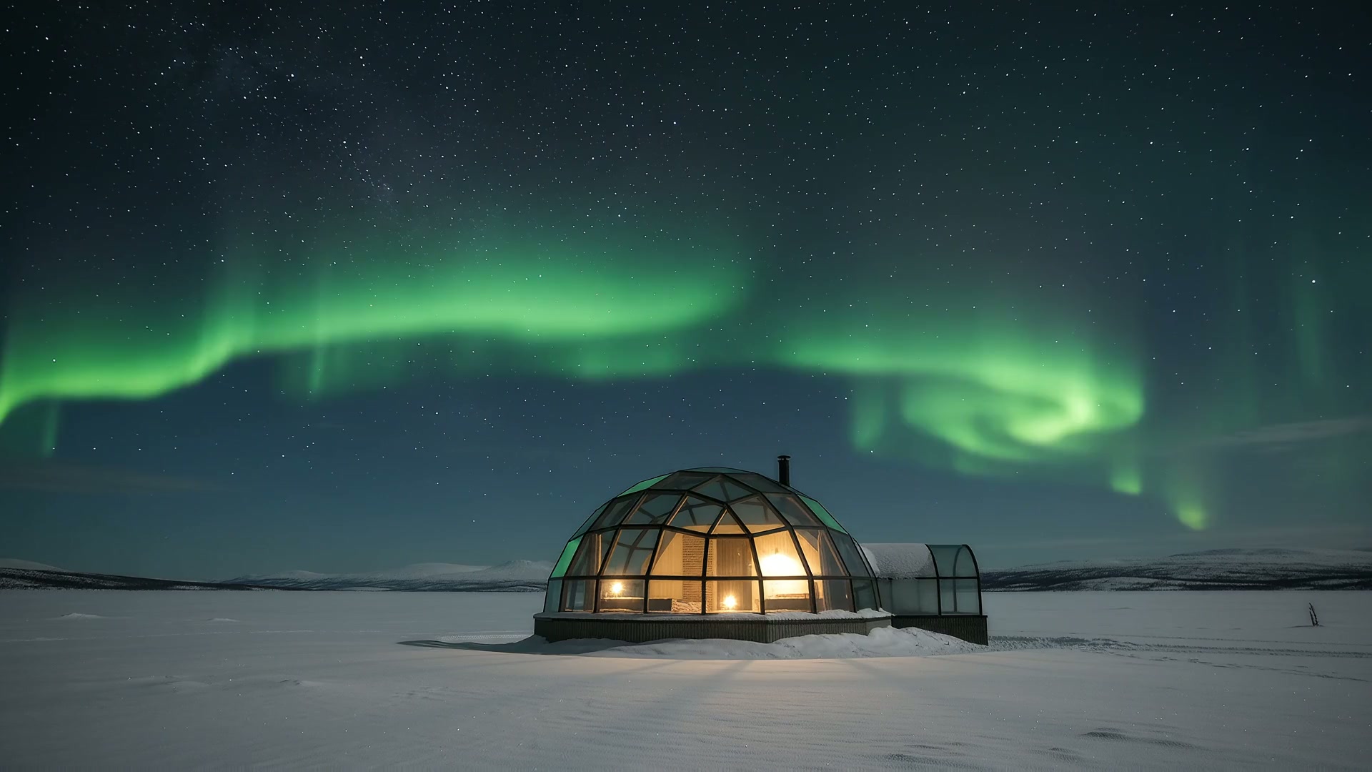 The northern lights above a glass cabin