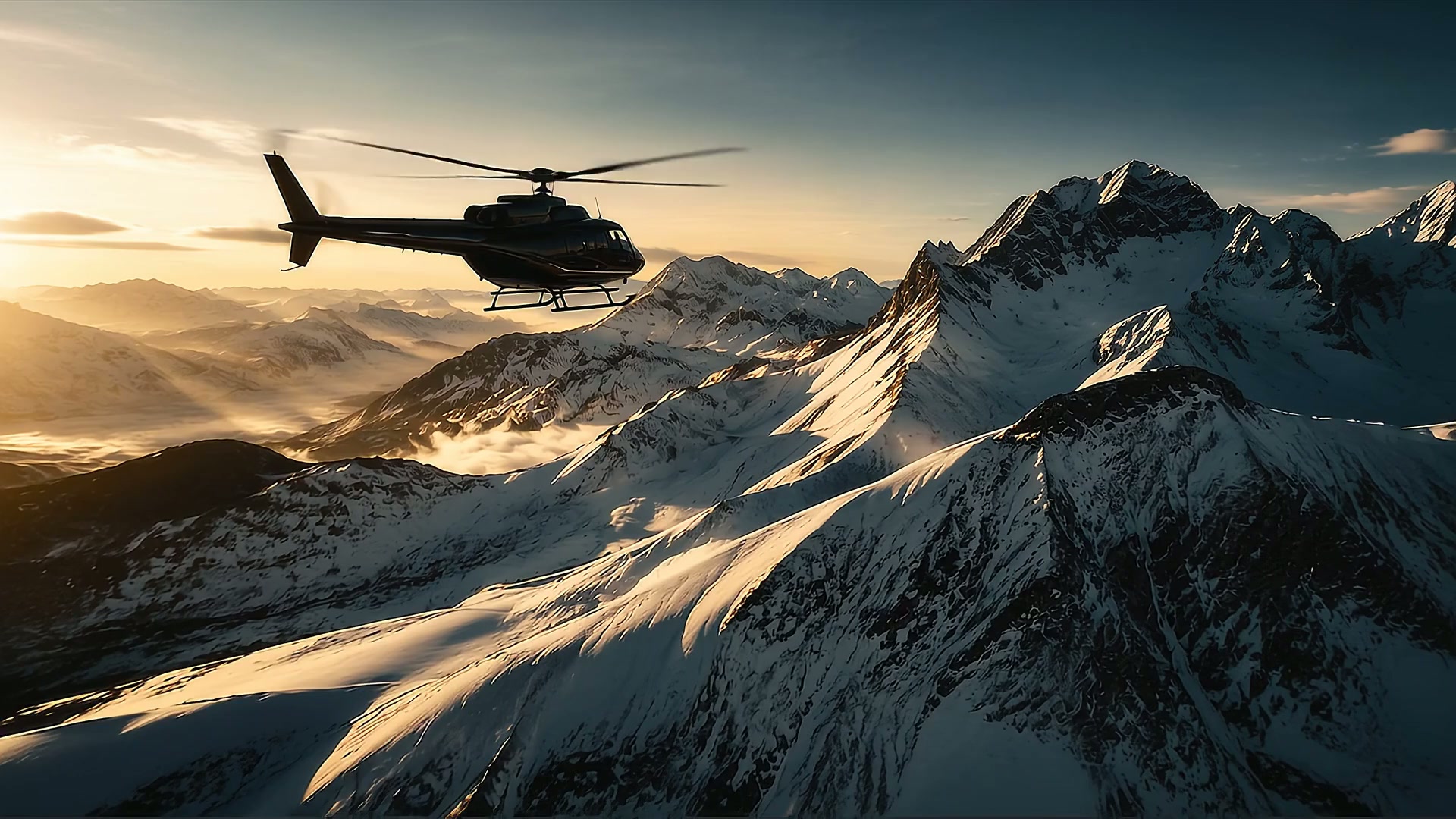 A helicopter above Alpine peaks