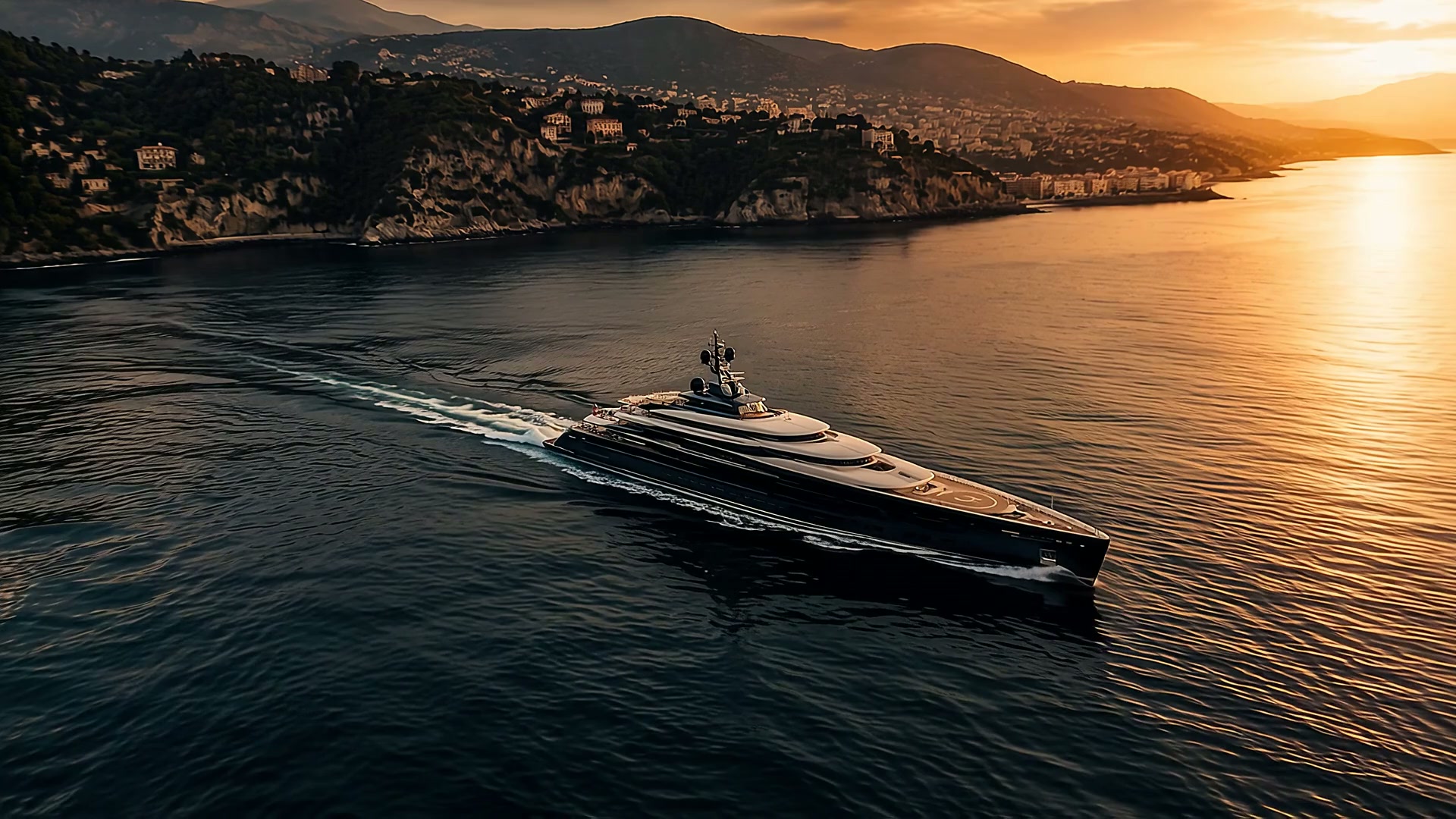 A superyacht cruising the Riviera at dusk