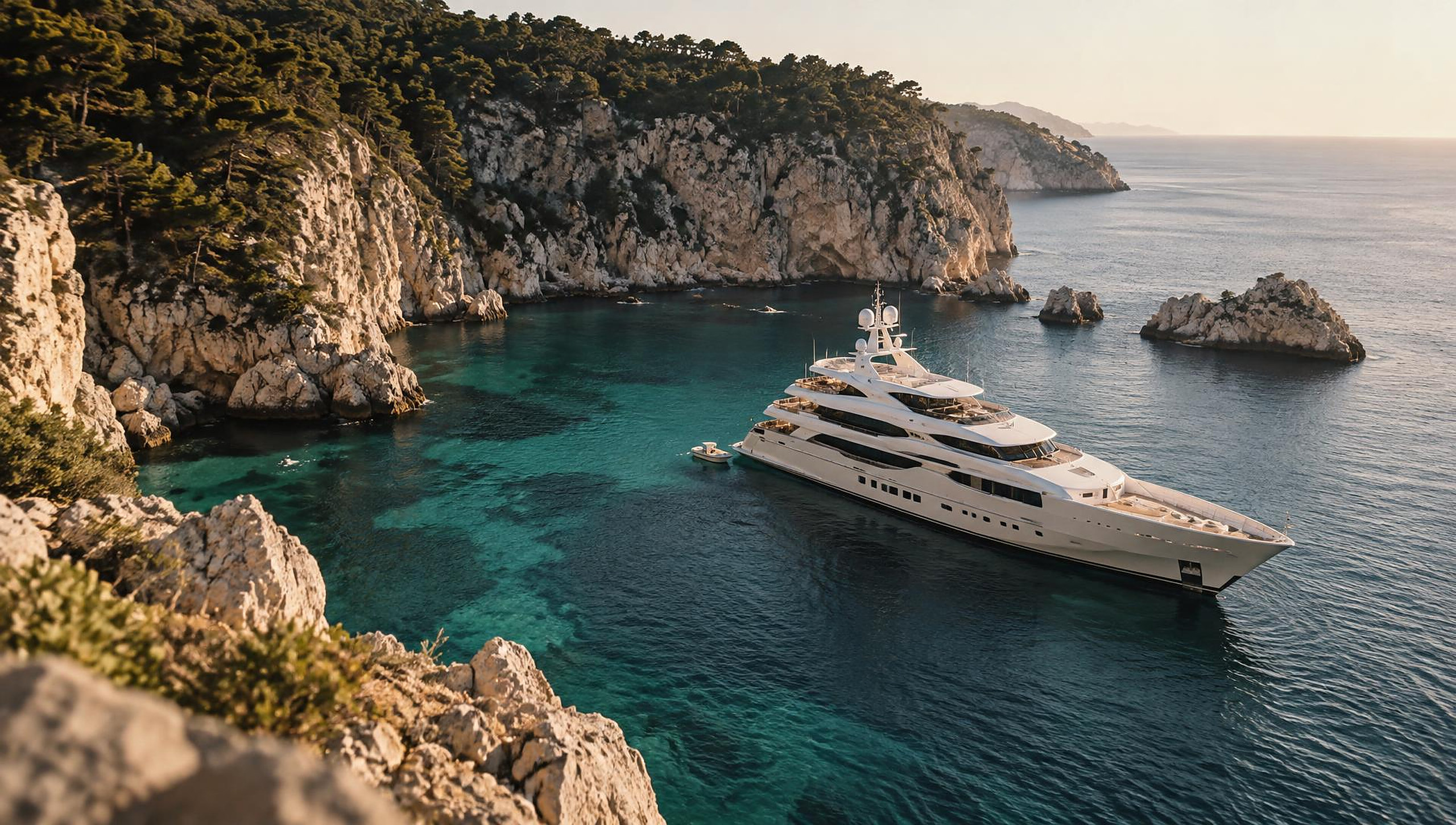 A yacht anchored in a turquoise cove